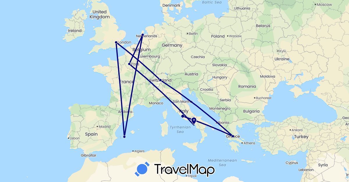 TravelMap itinerary: driving in Switzerland, Spain, France, United Kingdom, Greece, Italy, Netherlands (Europe)